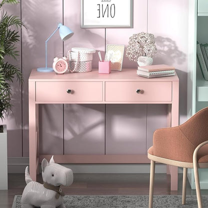WiberWi Home Office Desk with Drawers, Modern Writing Computer Desk for Bedroom, Small Makeup Vanity Table Study Table for Home Office,Pink
