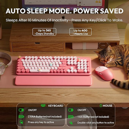 Wireless Keyboard and Mouse Combo, Typewriter Keyboard with Magnetic Wrist Rest, Full-Size Cute Round Keycaps, Sleep Mode, 2.4G Keyboards for Mac/Windows/PC, Office or Home, Trueque CK23Pro