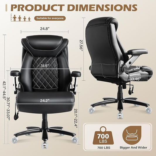 700lbs Big and Tall Office Chair, Ergonomic Heavy Duty Executive Cloth Office Chair with 5D Flip Arms & Adjustable Lumbar Support & Dual Rubber Wheel, Large Thick Padded Extra Wide Seat, Black