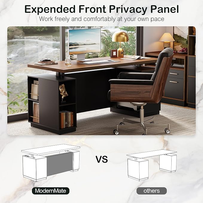 ModernMate 71" Electric Standing Executive Desk with Privacy Panel, Large One-Piece Height Adjustable Stand Up Desk, Power Outlet & Storage for Home Office, Black Walnut