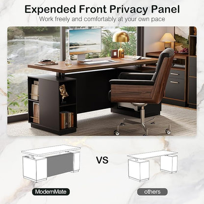 ModernMate 71" Electric Standing Executive Desk with Privacy Panel, Large One-Piece Height Adjustable Stand Up Desk, Power Outlet & Storage for Home Office, Black Walnut