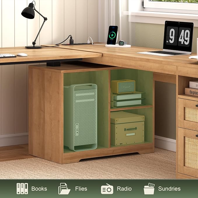 Farmhouse L Shaped Standing Desk, 66 inch Rattan Corner Electric Standing Desk with Drawers ＆ Storage Shelves, Height Adjustable Computer Desk with Power Outlets for Home Office (Natural Oak)