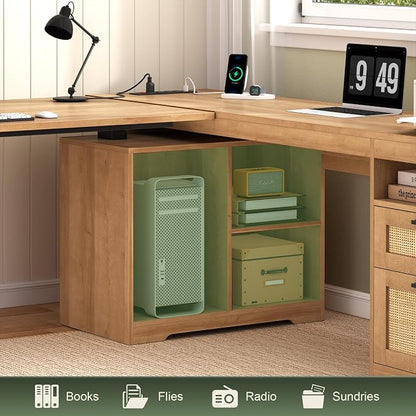 Farmhouse L Shaped Standing Desk, 66 inch Rattan Corner Electric Standing Desk with Drawers ＆ Storage Shelves, Height Adjustable Computer Desk with Power Outlets for Home Office (Natural Oak)