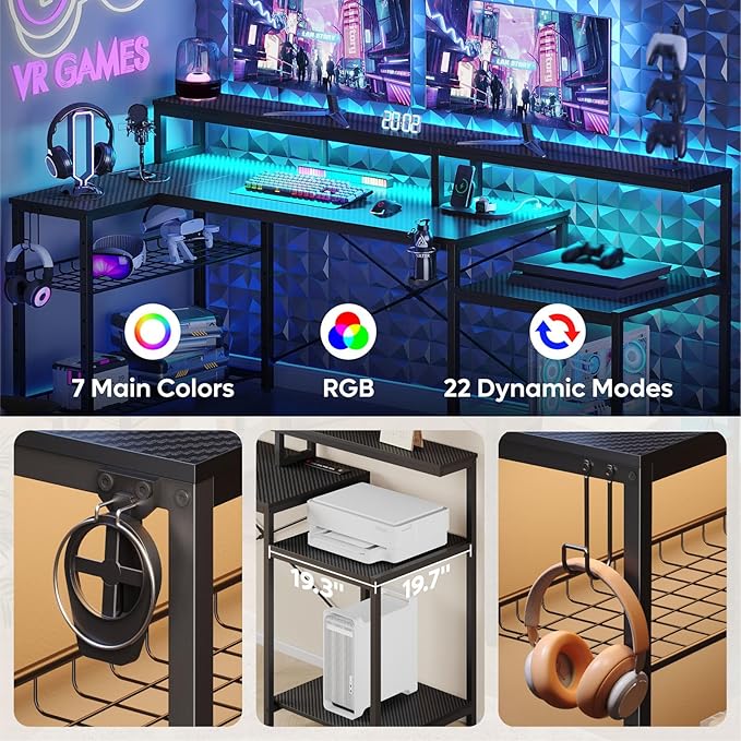 Bestier LED Gaming Desk with Power Outlets, 71 inch L Shaped Computer Desk with Monitor Stand, Large Desk with Printer Stand Adjustable Shelf, Cup Holder & Hooks, Home Office Desk Black