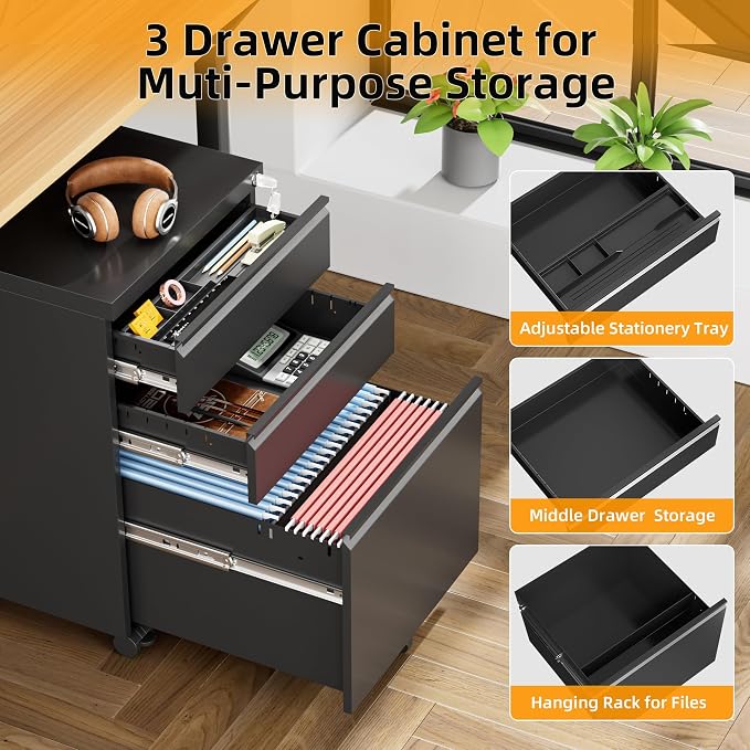 INTERGREAT 3 Drawer File Cabinet, Metal Filling Cabinets with Lock, Locking Office Mobile Cabinet with Wheels for Legal/Letter Size, Under Desk, Assembled Required, Black