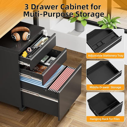 INTERGREAT 3 Drawer File Cabinet, Metal Filling Cabinets with Lock, Locking Office Mobile Cabinet with Wheels for Legal/Letter Size, Under Desk, Assembled Required, Black