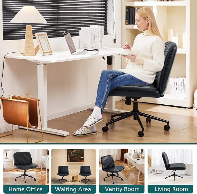OLIXIS Criss Cross Chair with Wheels Wide Cross Legged Office Desk Vanity Chair Comfy Fabric Armless Adjustable Swivel for Home Computer Task PU Black