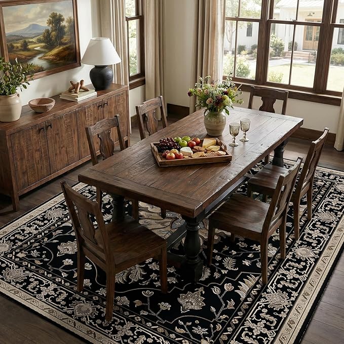 RELEANY Area Rugs 6'x8' Washable Non-Slip, Floral Vintage Distress Medallion Carpet for Living Room Bedroom Dining Room, Black Brown Neutral Dark Tan