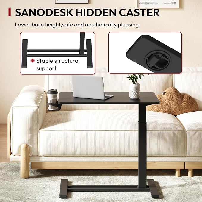 SANODESK Mobile Standing Desk with Hidden Wheels,Pneumatic Laptop Desk Rolling Computer Cart Movable Height Adjustable Small Sit Stand Desk for Home Office(31.5" W x 17.7" D, Black)