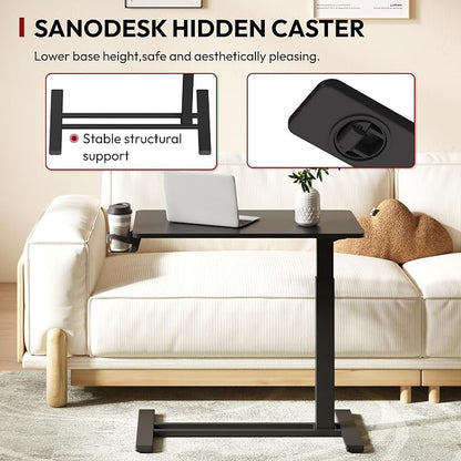 SANODESK Mobile Standing Desk with Hidden Wheels,Pneumatic Laptop Desk Rolling Computer Cart Movable Height Adjustable Small Sit Stand Desk for Home Office(31.5" W x 17.7" D,Black Walnut)