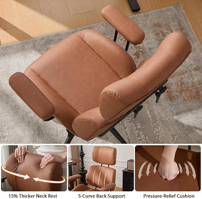 E-Motie Ergonomic Leather Office Chair, Computer Desk Chair, Brown | Adjustable Headrest, 360° Swivel & Rolling Wheels, Lumbar Support, Padded Arms, High Back, for Long Hours Sitting