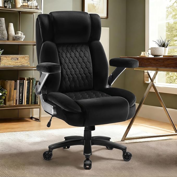 Big and Tall Office Chair 600lbs with 5D Flip Arms, Heavy Duty Executive Office Chairs, Ergonomic Desk Chair with Adjustable Lumbar Support & Rubber Wheels, Velvet Fabric, Black