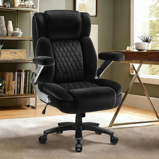 Big and Tall Office Chair 600lbs with 5D Flip Arms, Heavy Duty Executive Office Chairs, Ergonomic Desk Chair with Adjustable Lumbar Support & Rubber Wheels, Velvet Fabric, Black