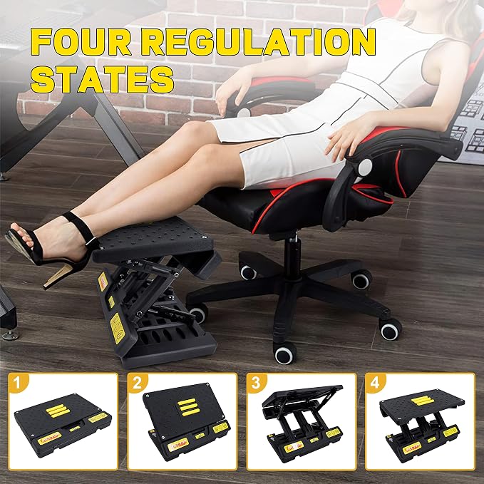 footrest for Under Desk at Work, Massage and Soft Cushion, for Multi-Scene | 4-section height adjustable, foldable, ergonomic footrest, metal frame (Yellow)
