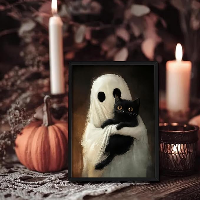 Framed Vintage Halloween Ghost Wall Art, Cute Ghost Hugging Black Cat Canvas Print, Cozy Dark Academia Gothic Halloween Decor for Living Room Bedroom, 8x10in Wood Frame