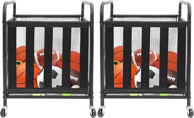 STO STO 2 Pack Rolling Sports Ball Storage Cart, Lockable Basketball Cage with Elastic Straps, Sport Equipment Holder Organizer for Indoor Outdoor, Steel Storage Rack for Playgroud and Gym, Black