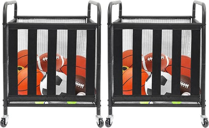 STO STO 2 Pack Rolling Sports Ball Storage Cart, Lockable Basketball Cage with Elastic Straps, Sport Equipment Holder Organizer for Indoor Outdoor, Steel Storage Rack for Playgroud and Gym, Black