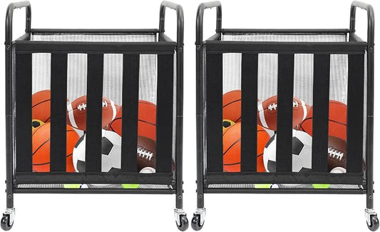 STO STO 2 Pack Rolling Sports Ball Storage Cart, Lockable Basketball Cage with Elastic Straps, Sport Equipment Holder Organizer for Indoor Outdoor, Steel Storage Rack for Playgroud and Gym, Black