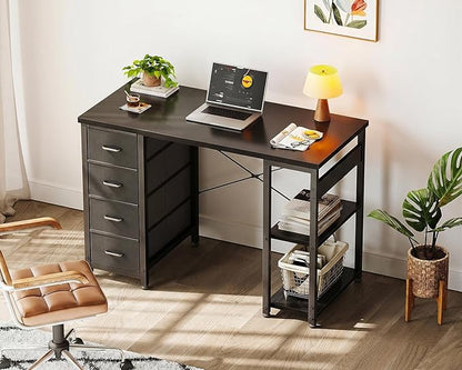 ODK 40 Inch Small Computer Desk with 4 Fabric Drawers, Modern Writing PC Desk for Small Spaces, Study & Home Office Desk with Storage Shelves, Black
