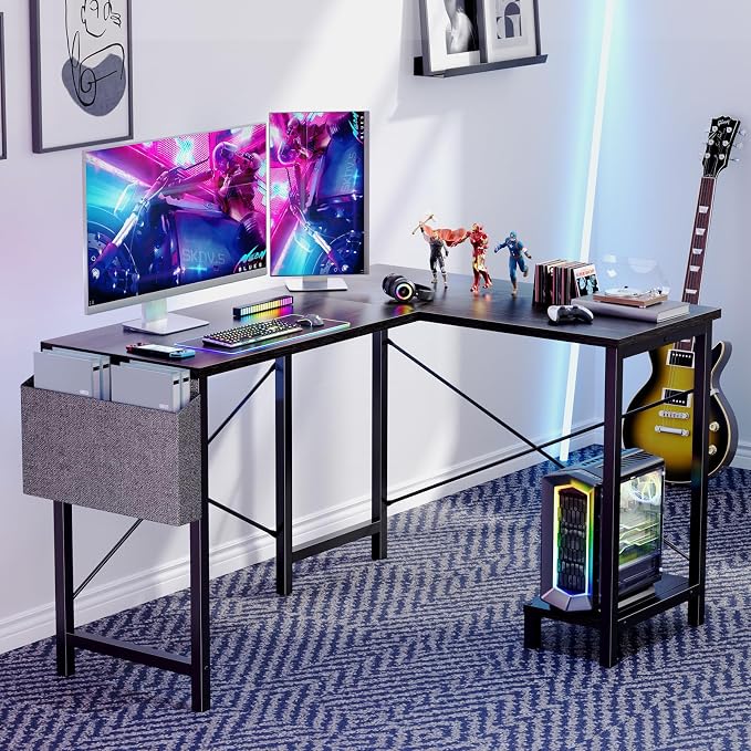 Sweetcrispy L Shaped Gaming Desk, Computer Desk Corner Desks PC Gaming Desk Table with CPU Stand Side Bag for Home Office Dorm Sturdy Writing Workstation, Grey, 50 Inch
