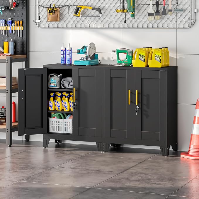 winiowa Tall Metal Storage Cabinet with Lock, Locking File Cabinet with 2 Doors and 2 Adjustable Shelves, Black Lockable Organizer for Home Office Garage（27.6" W）