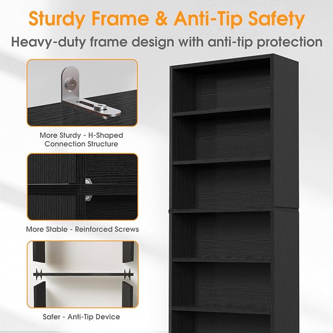 Sweetcrispy 6-Tier Bookcase, 63 Inch Tall Open Bookshelf, Freestanding Wood Book Case, Storage Shelves for Bedroom, Modern Display Bookshelf for Home Office Living Room，Black