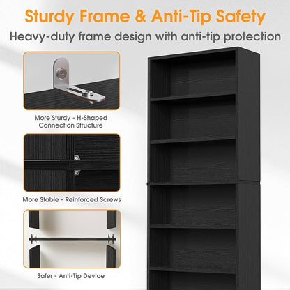 Sweetcrispy 6-Tier Bookcase, 63 Inch Tall Open Bookshelf, Freestanding Wood Book Case, Storage Shelves for Bedroom, Modern Display Bookshelf for Home Office Living Room，Black