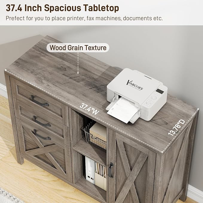 Befrases Farmhouse Lateral Filing Cabinet, Lateral File Cabinet with 3 Drawers and Cabinet, Large Printer Stand with File Drawer for Letter/A4 Size Hanging Files for Home Office, Rustic Grey