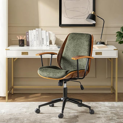 Modern Ergonomic Office Chair with Wood Frame & Metal Base, Swivel Home Office Desk Chairs with Adjustable Height, Comfy Upholstered Computer Chair, Green