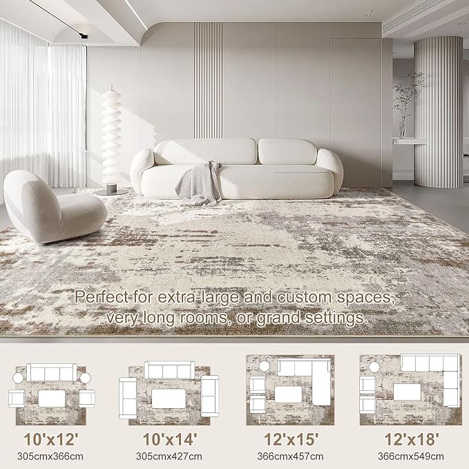UERMEI 10x14 Washable Area Rug - Neutral Modern Abstract Living Room Rugs, Non-Slip Soft Large Indoor Floor Carpet for Bedroom Home Office & Under Dining Table Decor, Brown/Grey/Beige