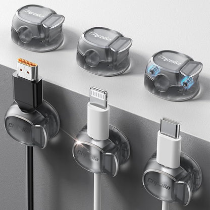 Chfeila 6 Pack Cable Clips, Dorm Room Essentials - Dual Spring Cord Organizer for Cubicle Decor, Cute Desk Organizers and Accessories, Teen Dorm Room Decor, Cubicle Accessories, Nightstand,Clear Black