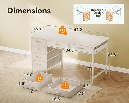 ODK Computer Desk with 6 Drawers, 48 Inch Office Desk with Storage, Reversible Desk with Headphone Hook for Home Office, Work Study Table Vanity for Bedroom, White