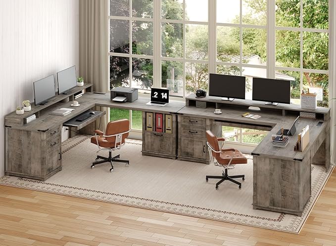 RALGEND 2 Pack Farmhouse 69" Executive L Shaped Desk with Drawer, Home Office Desk with Charging Station, Corner Computer Desk with Monitor Stand,Drawer,Storage Cabinet, Greige