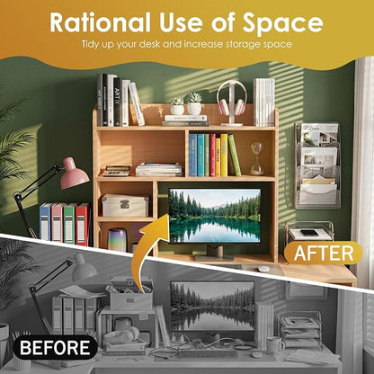 SUPER DEAL Desktop Bookshelf, Countertop Storage Hutch with 3 Shelves for Computer Desk, 2-Tier Display Rack, Multipurpose Wood Desk Hutch Storage Organizer for Home Office Dorm, Natural