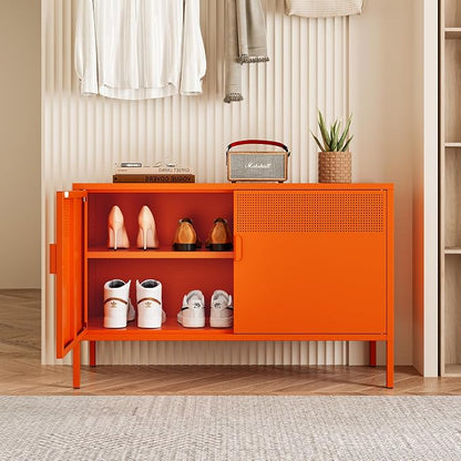 Chshin Metal Storage Cabinet with Doors,Orange Accent Cabinet,Metal Locker Storage Cabinets,2 Door TV Media Stand with Removable Shelves for,Home,Office,Entryway,Living Room