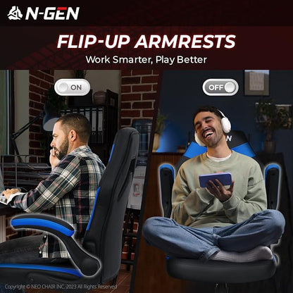 N-GEN Video Gaming Chair Ergonomic Computer Desk Office Chair with Lumbar Support Adjustable Height Swivel Wheels Flip-Up Arms PU Leather Home and Office (Classic Blue)