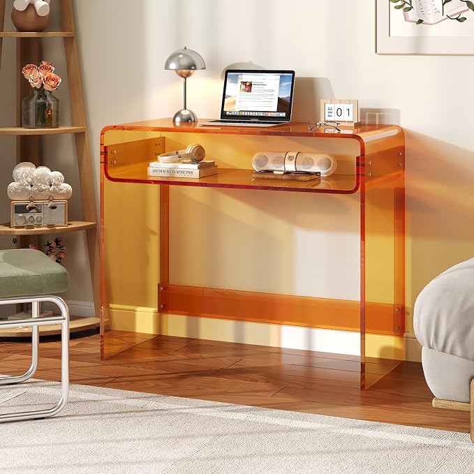 Acrylic Office Desk, Modern Laptop Writing Study Table with Open Storage, Orange Console Entryway Table, 33.5" L x 15.8" W x 29.5" H, for Home, Bedroom