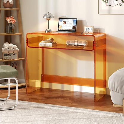 Acrylic Office Desk, Modern Laptop Writing Study Table with Open Storage, Orange Console Entryway Table, 33.5" L x 15.8" W x 29.5" H, for Home, Bedroom