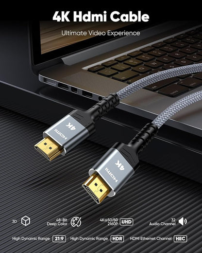 Highwings 4K HDMI Cable 18FT - 4K@60Hz HDR Braided HDMI Cord, 18Gbps High Speed with Ethernet/ARC, 3D, HDCP 2.2, ARC, Compatible for PS-5/4/3/4K HDTV/Monitor/Projector/Streaming Media