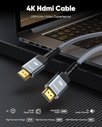 Highwings 4K Long HDMI 2.0 Cable 15FT/4.5m - 4K@60Hz HDR Braided HDMI Cord, 18Gbps High Speed with Ethernet/ARC, 3D, HDCP 2.2, ARC, Compatible for PS-5/4/3/4K HDTV/Monitor/Projector/Streaming Media