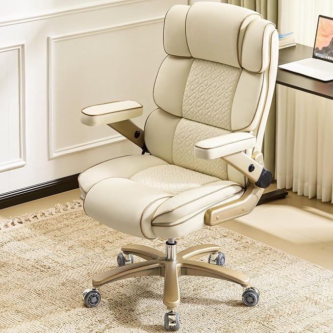 Big and Tall Office Chair 500lbs,5D Armrests Heavy Duty Executive Leather Chair with Comfortable Seat, Adjustable Lumbar, High Back, Large Computer Desk Chair for Home Office, Beige