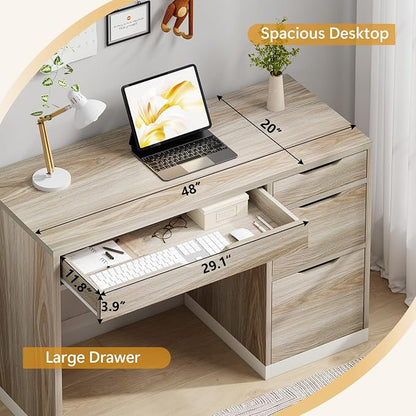 MaverickFurni 48 Inch Small Desk with Drawers, Computer Desk with Storage File Drawer for Bedroom, Office Desk with Storage for Small Space, Light Walnut