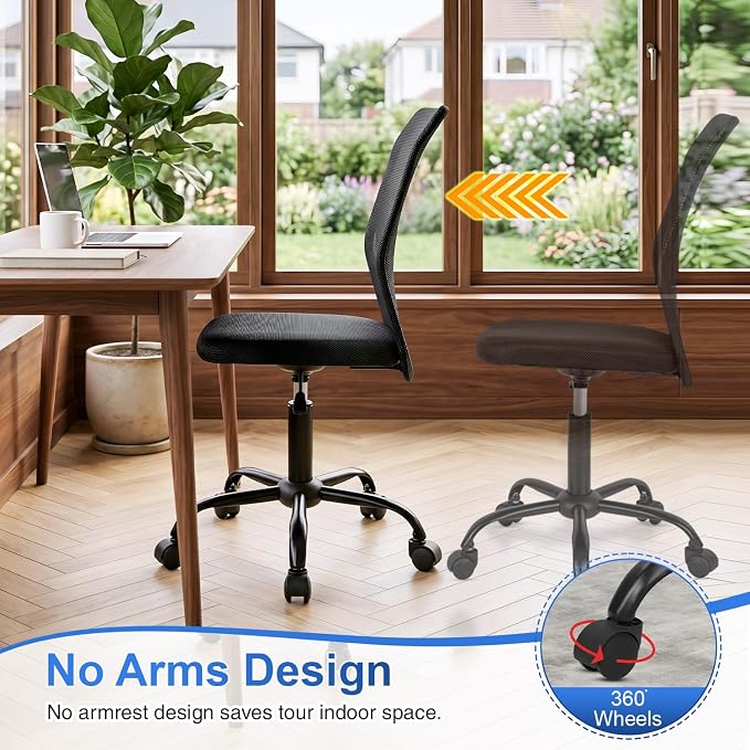 FDW Home Office Chair Mid Back Mesh Desk Chair Armless Computer Ergonomic Task Rolling Swivel Chair Back Support Adjustable Modern with Lumbar Support,Dark Black