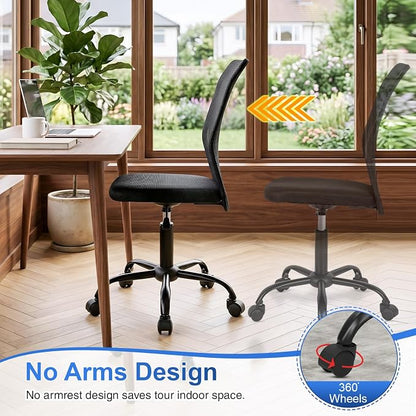 FDW Home Office Chair Mid Back Mesh Desk Chair Armless Computer Ergonomic Task Rolling Swivel Chair Back Support Adjustable Modern with Lumbar Support,Dark Black