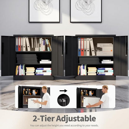 36"H Storage Cabinet with Doors and Shelves, Metal Cabinet with Lock, Steel Locking File Cabinet, Lockable Storage Cabinet, Garage Cabinet, Tool Cabinet for Home, Office,Garage, School, Black