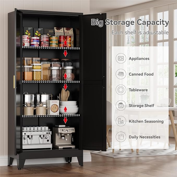 61" Black Metal Storage Cabinet, Farmhouse Pantry Cabinet with 2 Vintage Barn Doors and 3 Adjustable Shelves, Rustic Freestanding Cupboard for Kitchen,Home Office Living Room,Dining Room