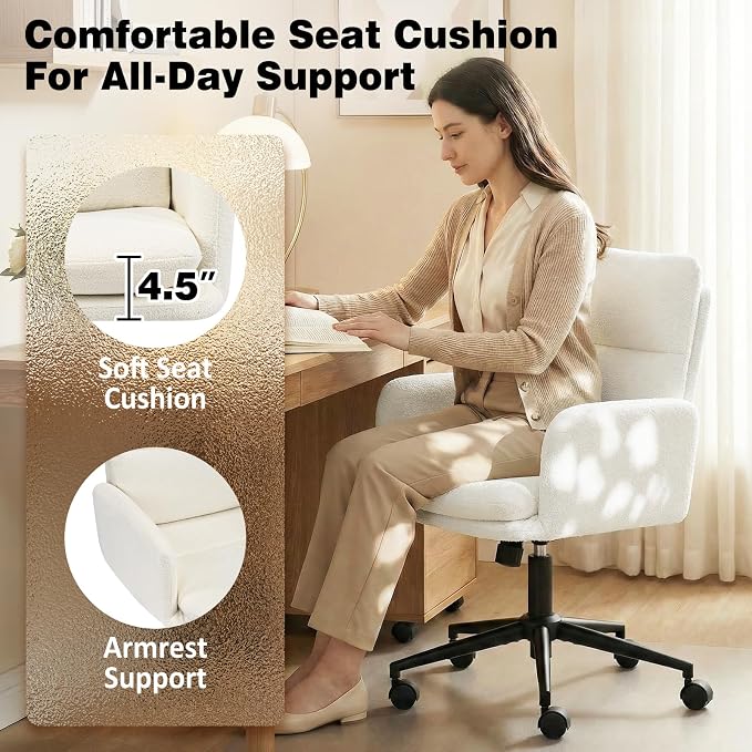 Comfortable Home Office Chair, Upholstered Desk Chair with Double-Layer Cushioning, Adjustable Height Swivel Task Chair with Padded Armrests, Rolling Wheels and Metal Base, Ivory White