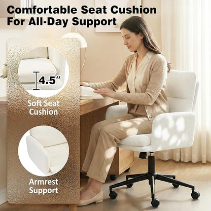 Comfortable Home Office Chair, Upholstered Desk Chair with Double-Layer Cushioning, Adjustable Height Swivel Task Chair with Padded Armrests, Rolling Wheels and Metal Base, Ivory White