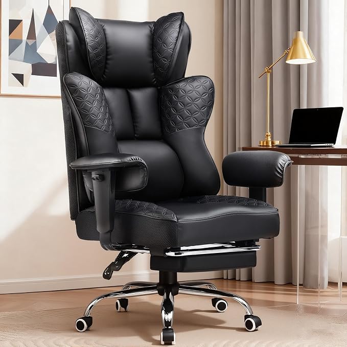 GTPLAYER Big and Tall Office Chair Wide Ergonomic Gaming Chair with Deluxe Embossing Designed Leather with Foot Rest,150°Reclining Adjustable Soft Armrests Pocket Spring Back Support and Pillow