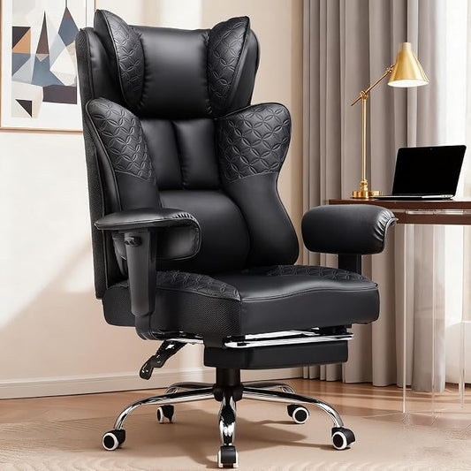 GTPLAYER Big and Tall Office Chair Wide Ergonomic Gaming Chair with Deluxe Embossing Designed Leather with Foot Rest,150°Reclining Adjustable Soft Armrests Pocket Spring Back Support and Pillow